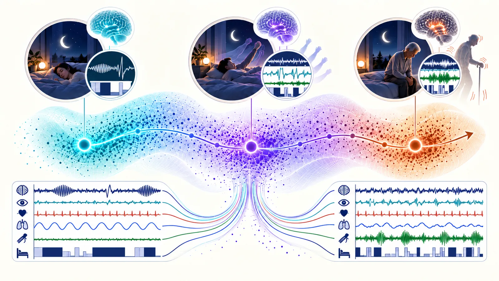 Illustration of a learned sleep representation space drawn as a continuous trajectory from healthy sleep, through REM sleep behavior with dream enactment, to established neurodegenerative disease, each stage linked to its polysomnography signals and hypnogram.