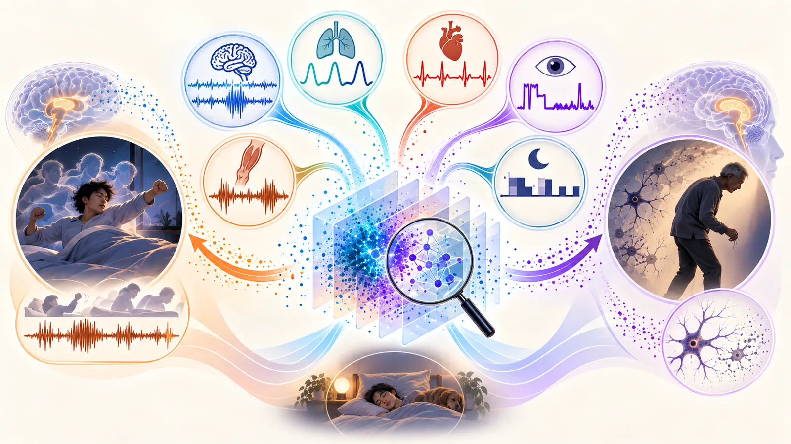 Illustration of a foundation-model representation examined under a magnifying glass, linked to physiological concepts — brain activity, breathing, heart rhythm, eye movements, muscle tone, and sleep stages — and to REM sleep behavior disorder on one side and Parkinson's disease on the other.