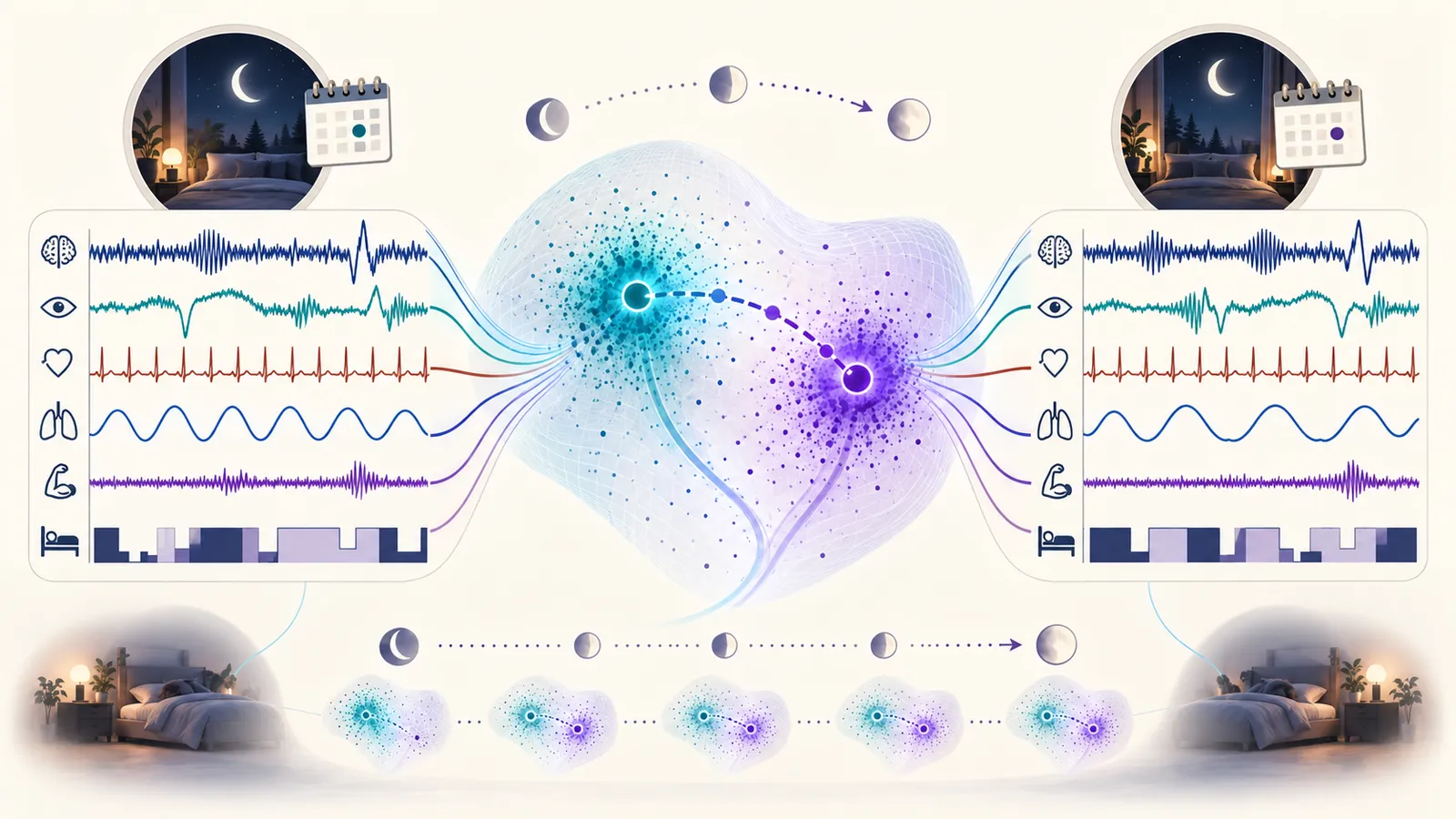 Illustration of two polysomnography recordings from the same person on different dates, each mapped into a shared representation space, with a dotted trajectory tracing how the individual's sleep representation moves over time.