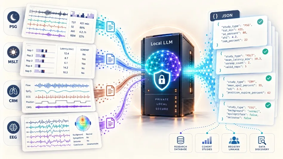 Illustration of PSG, MSLT, CRM, and EEG reports flowing into a secure local language-model server, which outputs structured JSON records for research databases, cohort studies, registry linkage, and data discovery.