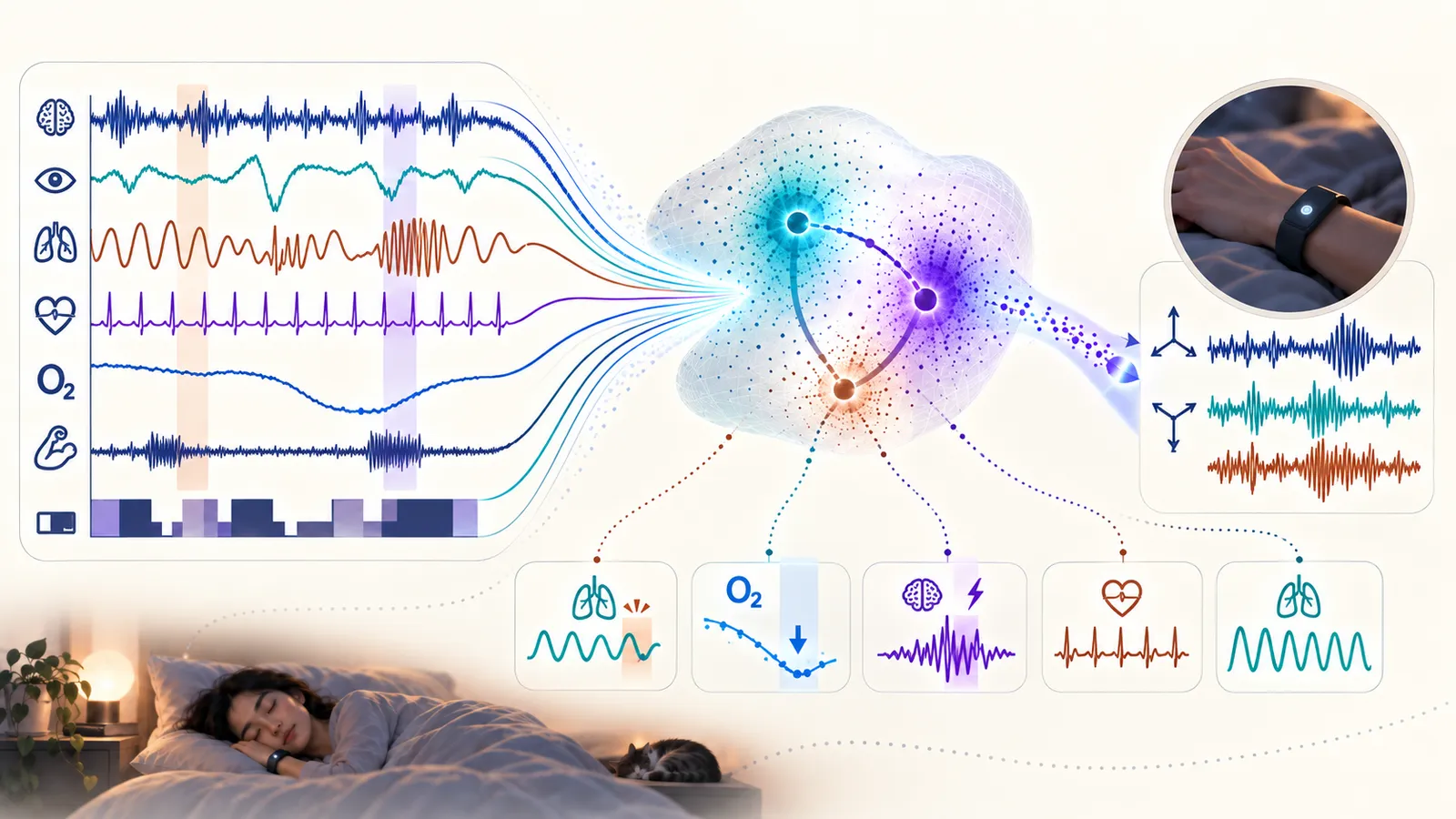 Illustration of multichannel polysomnography signals and wrist accelerometer signals mapped into a shared representation space, from which respiratory events, oxygen desaturation, arousals, and cardiac measures are derived.