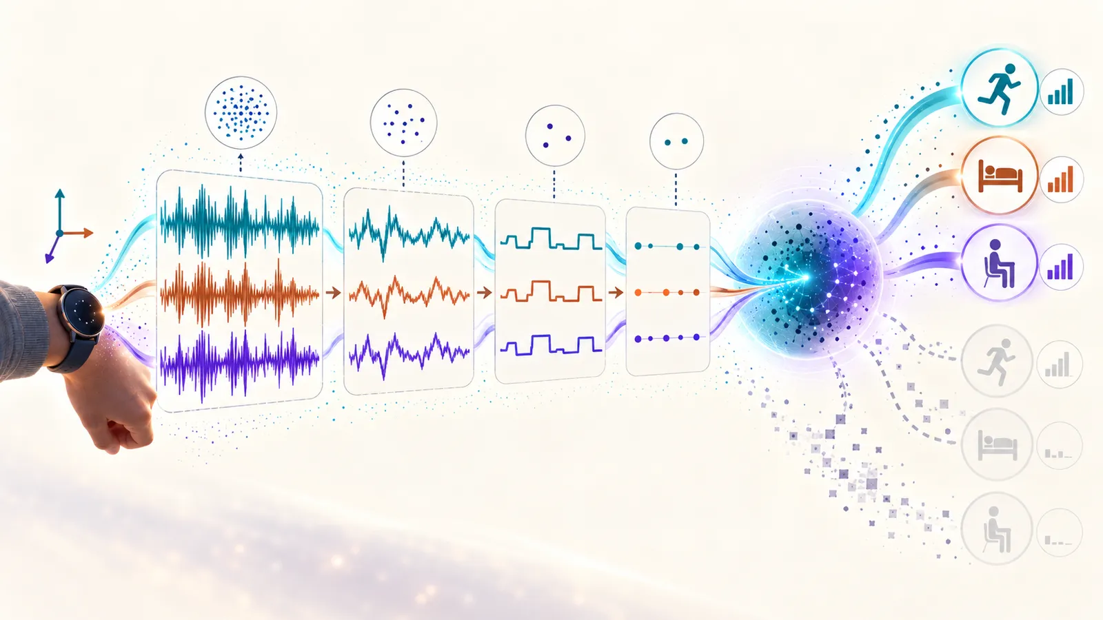 Illustration of a three-axis wrist accelerometer signal progressively reduced in resolution across successive panels before entering a foundation model, with downstream activity, sleep, and sitting predictions fading as information is removed.